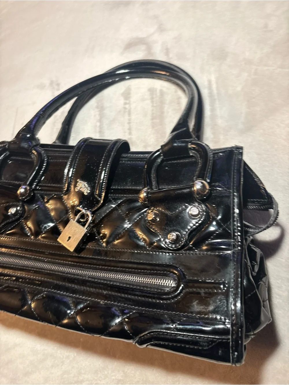 Burberry Black Patent Leather Quilted Satchel Lock Shoulder Bag
